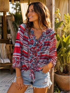 Figueroa & Flower Women's Floral and Stripe Button-Up Blouse PM